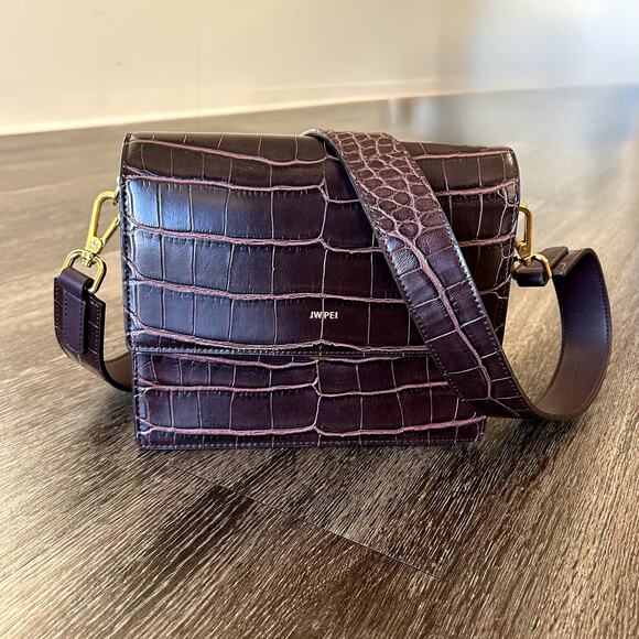 JW Pei Mini Flap Crossbody Burgundy Brown Croc Gold Hardware Vegan Leather Bag - Picture 4 of 16